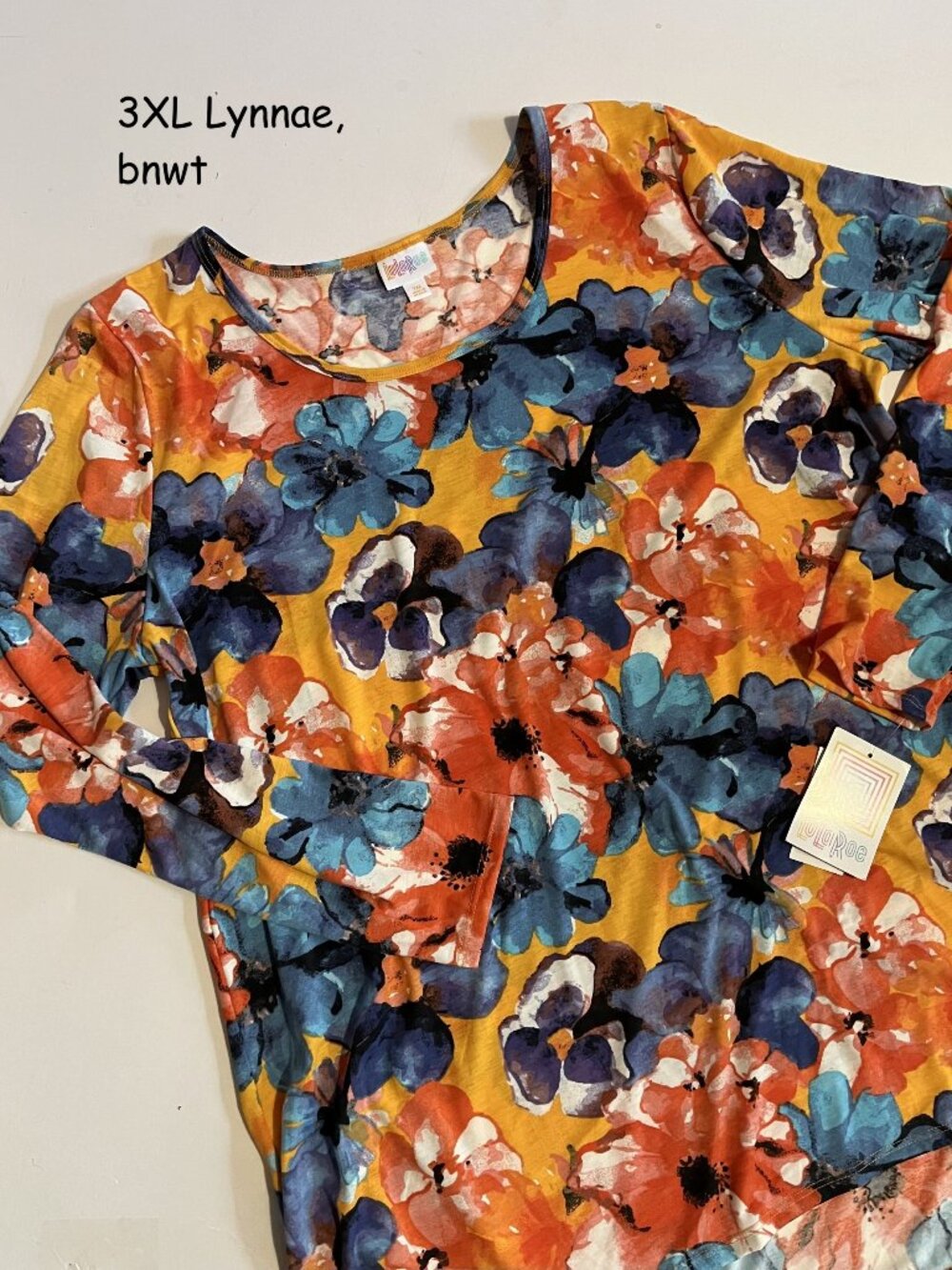 3XL Lularoe Lynnae long-sleeved top, bright flowers in blue, orange, yellow